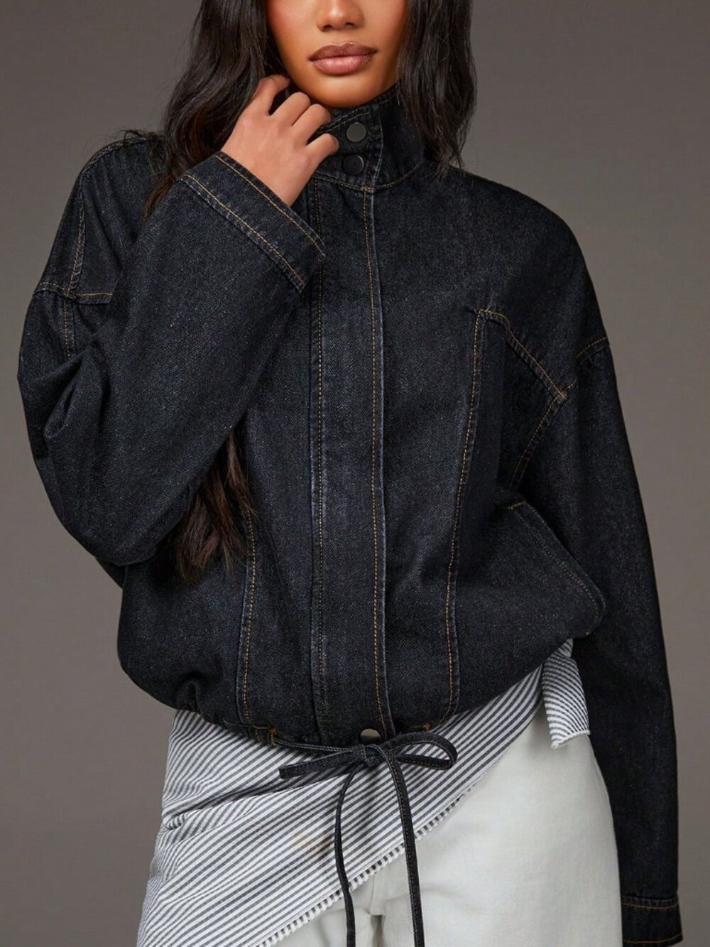 Black Casual Women's  Long Sleeved Lapel Stand Up Loose Denim Jacket - Picture 6 of 9